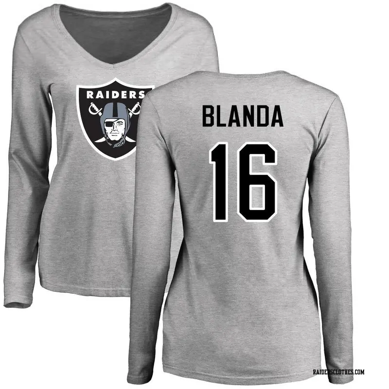 Women's Las Vegas Raiders ＃16 George Blanda Ash Name & Number Logo Slim Fit Long Sleeve T-Shirt