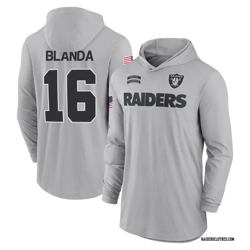 Youth Las Vegas Raiders ＃16 George Blanda Gray 2024 Salute to Service Lightweight Performance Long Sleeve Hooded T-Shirt